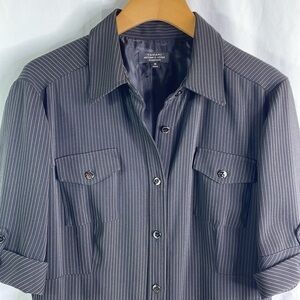 Tahari, black and cream pinstriped short sleeve shirt dress